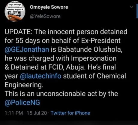 BREAKING: LAUTECH 500L student detained for 55 days over tweet on behalf of Ex-president Jonathan