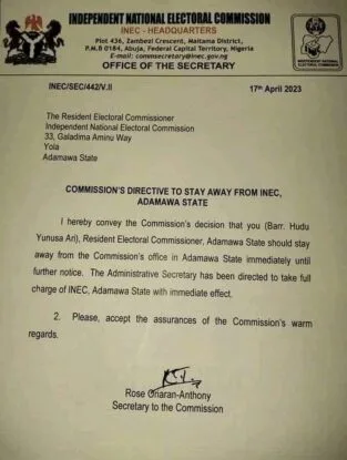 BREAKING: INEC Suspends Adamawa REC Indefinitely (SEE LETTER)