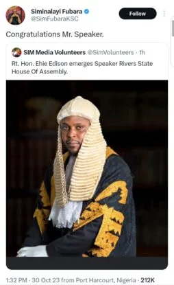 Rivers Assembly: Faction Elects Ehie Edison, Fubara Congratulates New ‘Speaker’