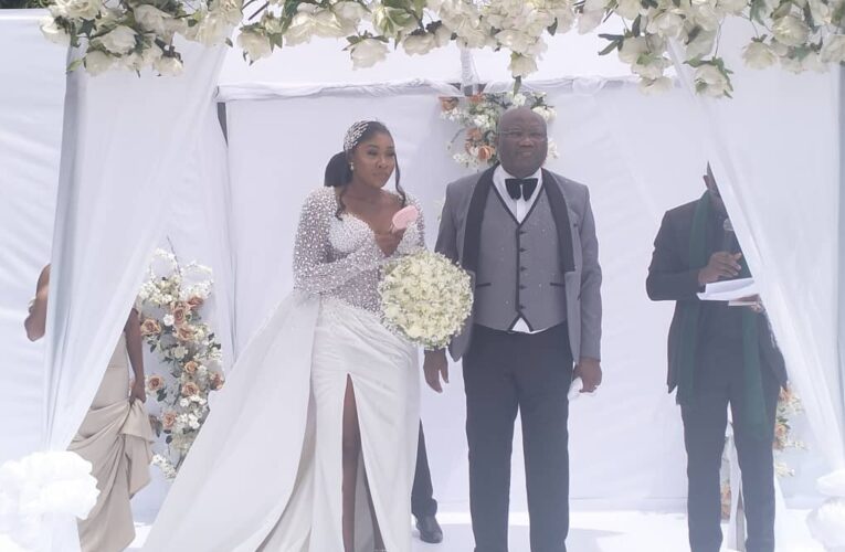 Rotimi Makinde congratulates Akeeb Ajilesoro as he tie the knot with his long time lover, Franca