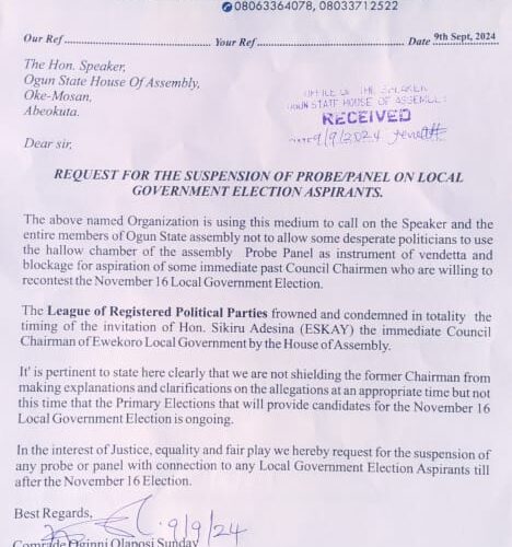Suspend Probing Of Ex-Chairman, Adesina Sikiru Now – Leagues Of Registered Political Parties Tells Ogun Assembly