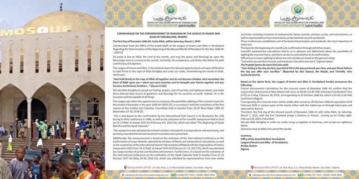 League Of Yorubaland Imams Declares March 1 To Commence Ramadan, Abandons Sultan 