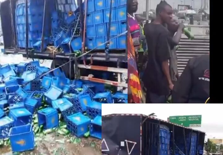 Trailer Carrying Beer Crashes In Ojuelegba, Residents Scoop Drinks
